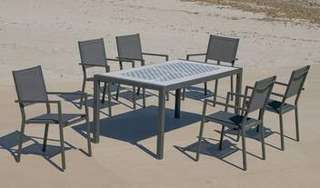 Set Góndola-160-6 Córcega de Hevea - Conjunto de aluminio color antracita: Mesa rectangular con tablero mosaico de 160 cm + 6 sillones de textilen.