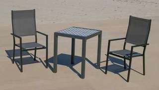 Set Góndola-60-2 Janeiro de Hevea - Conjunto de aluminio color antracita: Mesa cuadrada con tablero mosaico de 60 cm + 2 sillones altos de textilen.