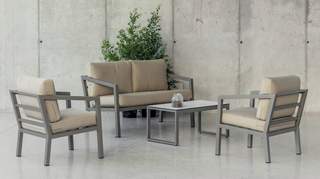 Set aluminio: sofá 2p + sillones + mesa [Acapulco] de Hevea - Conjunto aluminio luxe para jardín: 1 sofá 2 plazas + 2 sillones + 1 mesa de centro. Disponible en color blanco, antracita, champagne, plata, marrón o nude.<br><br><b>OFERTA VÁLIDA HASTA EL 30 DE JUNIO O FIN DE EXISTENCIAS</b>