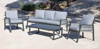 Set Aluminio Aldara-8 de Hevea - Conjunto aluminio y cuerda: 1 sofá de 3 plazas + 2 sillones + 1 mesa de centro + cojines. En color blanco, gris, marrón o champagne.