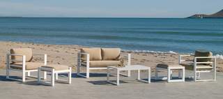 Set Aluminio Dalas-9 de Hevea - Conjunto de aluminio para jardín o terraza: sofá 2 plazas + 2 sillones + mesa de centro + 2 taburetes. Disponible en color blanco o antracita.