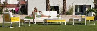 Sofá 3p + 2 sillones + mesa de aluminio [Diva] de Hevea - Lujoso conjunto de alumnio bicolor para jardín: 1 sofá de 3 plazas + 2 sillones + 1 mesa de centro.