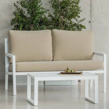 Sofá 2 plazas de aluminio para jardín [Dounvil] de Hevea - Cómodo sofá 2 plazas para exterior, de aluminio de alta gama, con cojines gran confort fácilmente desenfundables. Estructura aluminio color blanco, antracita, champagne, plata, marrón o nude.