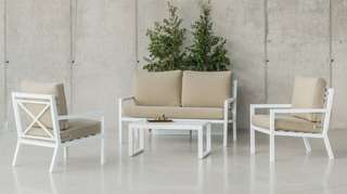 Sofá 2p + 2 sillones + mesa de aluminio [Dounvil] de Hevea - Conjunto de aluminio de lujo para jardín. Incluye: un sofá dos plazas, dos sillones, una mesa de centro y cojines. Disponible en color blanco, antracita, champagne, plata, marrón o nude