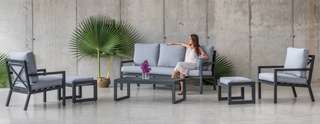 Set Aluminio Luxe Dounvil-8 de Hevea - Conjunto de aluminio de lujo que incluye: un sofá tres plazas, dos sillones, una mesa de centro y cojines. Disponible en color blanco, antracita, champagne, plata o marrón