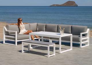 Rinconera 6p de aluminio + mesa + banco [Dublian] de Hevea - Lujoso conjunto para jardín: rinconera modular de 6 plazas + mesa centro alta + banco. Estructura aluminio color blanco, antracita, champagne, plata, marrón o nude