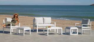 Sofá 2p + 2 sillones + mesa de aluminio [Glembor] de Hevea - Conjunto de aluminio para jardín: 1 sofá 2 plazas + 2 sillones + 1 mesa de centro. Disponible en color blanco, antracita, champagne, plata, marrón o nude.