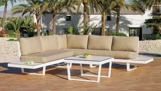 Set aluminio: rinconera 5p + mesa HPL [Loira] de Hevea - Rinconera luxe 5 plazas + mesa de centro tablero HPL, para jardín. Estructura robusta de aluminio color blanco, antracita, champagne, plata, marrón o nude.