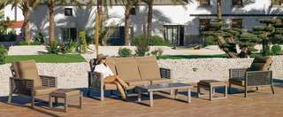 Sofá 3p + sillones + taburetes, aluminio [Samira] de Hevea - Exclusivo conjunto de alumnio bicolor para jardín: 1 sofá de 3 plazas reclinable + 2 sillones reclinables + 2 reposapiés + 1 mesa de centro.