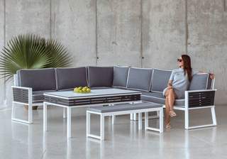 Set Rinconera Aluminio Luxe Yebel-30 de Hevea - Exclusiva rinconera luxe 6 plazas + mesa de centro alta + banco. Estructura de aluminio bicolor.
