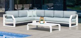 Rinconera 6 p de aluminio + mesa centro [Zafiro] de Hevea - Rinconera confort lujo 6-8 plazas para jardín + mesa centro. Estructura robusta de aluminio color blanco, antracita, champagne, plata, marrón o nude.