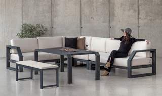 Rinconera 6 p de aluminio + mesa + tabs [Zafiro] de Hevea - Rinconera confort lujo 6-8 plazas para jardín + mesa alta + 2 taburetes. Estructura robusta de aluminio disponible en varios colores.