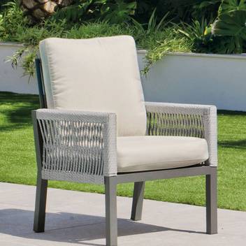 Sillón confort de aluminio y cuerda [Havana] de Hevea - Sillón relax lujo para jardín, con cojines desenfundables. Fabricado de aluminio y cuerda en color blanco, gris, marrón o champagne.