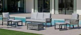 Sofá 3p + 2 sillones + mesa de aluminio [Havana] de Hevea - Conjunto aluminio y cuerda para jardín: 1 sofá de 3 plazas + 2 sillones + 1 mesa de centro. Colores disponibles en blanco, gris, marrón o champagne.
