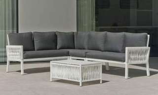 Rinconera 6 p de aluminio y cuerda + mesa [Havana] de Hevea - Rinconera modular lujo de 6 plazas para jardín + mesa centro 105 cm. Fabricado de aluminio y cuerda en colores blanco, gris, marrón o champagne.