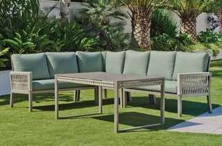 Rinconera 6 p de aluminio + mesa comedor [Havana] de Hevea - Rinconera modular lujo de 6 plazas para jardín + mesa comedor. Fabricado de aluminio y cuerda en colores blanco, gris, marrón o champagne.