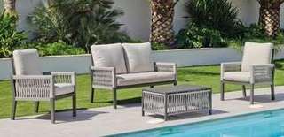 Sofá 2p + 2 sillones + mesa de aluminio [Havana] de Hevea - Conjunto de aluminio-cuerda para jardín: 1 sofá de 2 plazas + 2 sillones + 1 mesa de centro. Colores disponibles en blanco, gris, marrón o champagne.