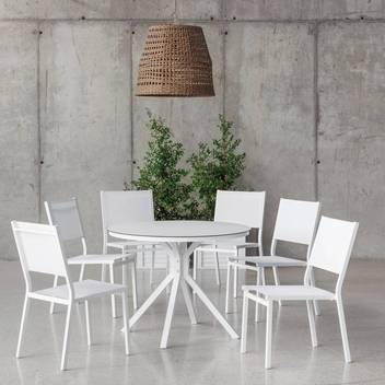 Mesa comedor-jardín ◯120 de aluminio y HPL[Giglio] de Hevea - Mesa redonda de aluminio para jardín, con patas ensambladas resistentes y tablero HPL de 120 cm. Disponible en color blanco, antracita, champagne, plata, marrón o nude.