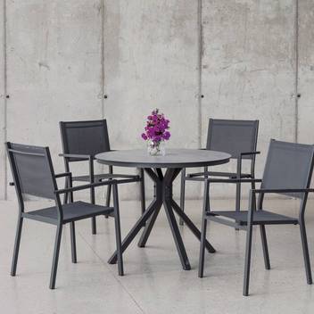Conjunto mesa ◯100 + 4 sillones [Giglio-Córcega] de Hevea - Conjunto de aluminio para jardín o terraza: mesa con tablero HPL redondo de 100 cm + 4 sillones de alumino y textilen.