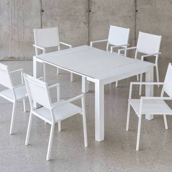 Set Aluminio LimaExt-Córcega 150-4 de Hevea - Conjunto de aluminio: mesa extensible con tablero HPL + 4 sillones de textilen. Disponible en color blanco o antracita.