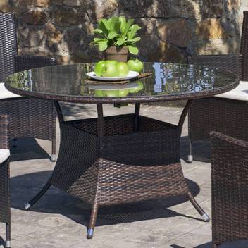Mesa de comedor-jardín ◯120 de ratán [Bergamo] de Hevea - Mesa redonda de 120 cm para jardín, de ratán sintético color marrón, con tapa de cristal templado