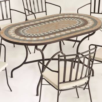 Mesa mosaico ⬯150 de acero color bronce [Laredo] de Hevea - Mesa de acero forjado color bronce para jardín, con tablero mosaico ovalado de 150 cm.