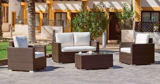 Set ratán: sofá 2p + 2 sillones + mesa [Lisbon] de Hevea - Conjunto de ratán sintético color marrón para jardín: 1 sofá 2 plazas + 2 sillones + 1 mesa de centro