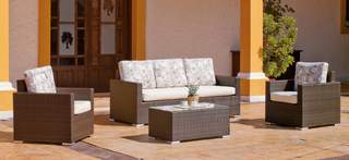 Set ratán: sofá 3p + 2 sillones + mesa [Lisbon] de Hevea - Conjunto para jardín de ratán sintético color marrón para jardín: 1 sofá 3 plazas + 2 sillones + 1 mesa de centro
