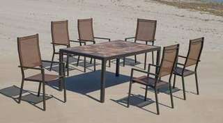 Set Lomba-160-6 Janeiro de Hevea - Conjunto de aluminio color marrón: Mesa rectangular con tablero mosaico de 160 cm + 6 sillones altos de textilen.