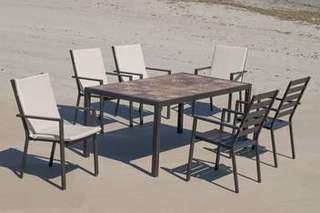 Set Lomba-160-6 Palma de Hevea - Conjunto de aluminio color marrón: Mesa rectangular con tablero mosaico de 160 cm + 6 sillones.