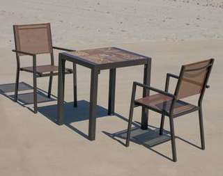 Set Lomba-60-2 Córcega de Hevea - Conjunto de aluminio color marrón: Mesa cuadrada con tablero mosaico de 60 cm + 2 sillones de textilen.