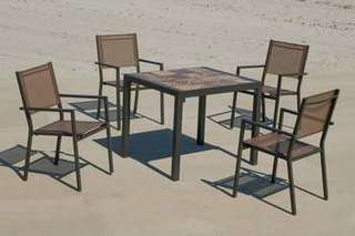 Set Lomba-80-4 Córcega de Hevea - Conjunto de aluminio color marrón: Mesa cuadrada con tablero mosaico de 80 cm + 4 sillones de textilen.