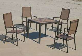 Set Lomba-80-4 Janeiro de Hevea - Conjunto de aluminio color marrón: Mesa cuadrada con tablero mosaico de 80 cm + 4 sillones altos de textilen.