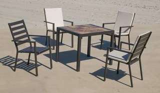 Set Lomba-80-4 Palma de Hevea - Conjunto de aluminio color marrón: Mesa cuadrada con tablero mosaico de 80 cm + 4 sillones.