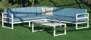 Rinconera 7 p de aluminio + mesa centro [Lugo] de Hevea - Rinconera modular de 7 plazas ara jardín, con cojines desenfundables. Estructura aluminio color blanco, antracita, champagne, plata, marrón o nude.