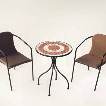 Mesa mosaico ◯60 + 2 sillones aluminio [Málaga] de Hevea - Conjunto para jardín o terraza: Mesa de forja color bronce, con tablero mosaico de 60 cm + 2 sillones apilables de aluminio con cojín.