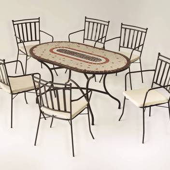Set mesa mosaico ⬯150 + 4 sillones de forja [Maly] de Hevea - Conjunto de forja color bronce para jardín: mesa con tablero mosaico de 150 cm + 4 sillones con cojines asiento.
