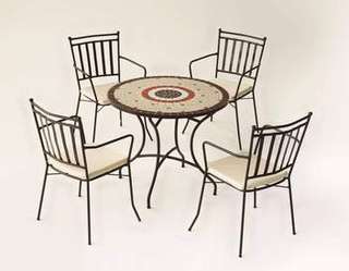 Conjunto Mosaico Malaya-Shifa de Hevea - Conjunto de forja color bronce: mesa con tablero mosaico de 90 cm + 4 sillones con cojines asiento.