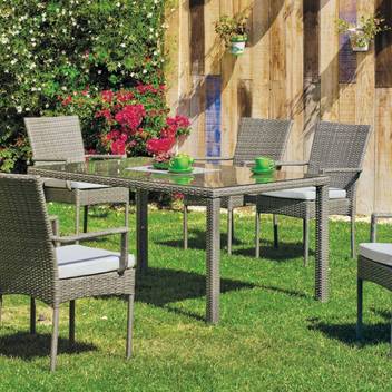 Conjunto mesa ▯150 + 4 sillones de ratán [Mali] de Hevea - Conjunto de ratán sintético color gris para jardín: mesa rectangular de 150 cm. con tapa de cristal templado y 4 sillones apilables con cojines