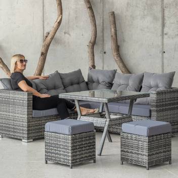 Rinconera 5 p de ratán + mesa + tabures [Marau] de Hevea - Conjunto rinconera para jardín, de ratán sintético color gris para jardín: sofá 3 plazas brazo dcho. + sofá 2 plazas brazo izdo. + mesa comedor + taburetes + cojines a juego