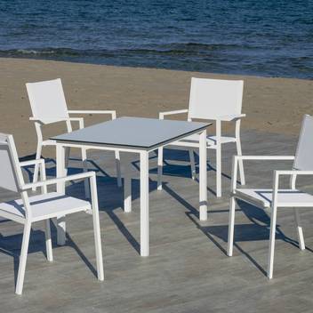 Mesa ▯ de aluminio y tablero HPL [Margot] de Hevea - Mesa rectangular de 130 o de 140 cm para jardín, con tablero laminado HPL ultra resistente. Estructura de aluminio color blanco, antracita, champagne, plata, marrón o nude.