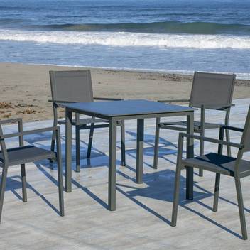 Mesa ▢ de aluminio y tablero HPL [Margot] de Hevea - Mesa cuadrada de 80x80 o de 90x90 cm para jardín, con tablero laminado HPL ultra resistente. Estructura de aluminio color blanco, antracita, champagne, plata, marrón o nude.