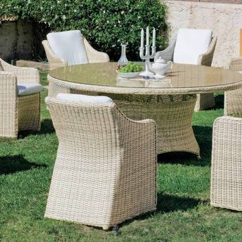 Mesa ◯180 de ratán + 8 sillones c/cojín [Celebes] de Hevea - Conjunto de médula sintética lujo color gris para jardín: 1 mesa comedor redonda de 180 cm+ 8 sillones con cojines asiento y respaldo tapizados en Dralón Lux.