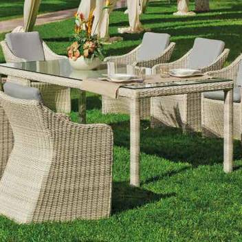 Mesa ▯220 de ratán + 8 sillones c/cojín [Celebes] de Hevea - Conjunto de médula sintética lujo color gris para jardín: 1 mesa comedor rectangular de 220 cm+ 8 sillones con cojines asiento y respaldo tapizados en Dralón Lux