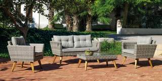 Set ratán: sofá 2p + sillones + mesa [Meridiem] de Hevea - Conjunto de ratán sintético color gris para jardín: 1 sofá de 2 plazas + 2 sillones + 1 mesa de centro + cojines a juego