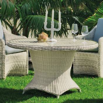 Mesa de comedor-jardín ◯120 de ratán [Celebes] de Hevea - Mesa de comedor redonda para jardín, de médula sintética lujo con tablero de cristal templado de 120 cm.