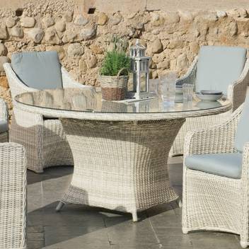 Mesa Médula Luxe Celebes-180 de Hevea - Mesa de comedor redonda de 180 cm. para jardín o terraza. Fabricada con médula sintética lujo. Tablero de cristal templado.