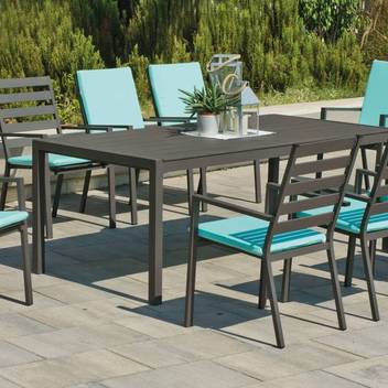 Set mesa ▯200 + 8 sillones de aluminio  [Palma] de Hevea - Conjunto para jardín: Mesa rectangular de aluminio 200 cm. con tablero lamas de aluminio + 8 sillones. Disponible en varios colores: blanco, antracita, champagne, plata, marrón o nude.