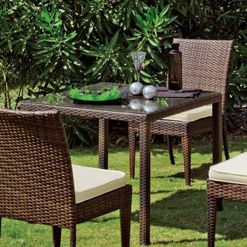 Mesa de centro ▢80 de ratán color marrón [Vetonia] de Hevea - Mesa cuadrada de 80 cm para jardín o terraza, de ratán sintético color marrón, con tapa de cristal templado