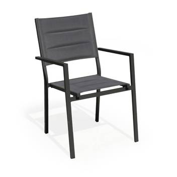 Sillón apilable de aluminio y textilen [Milos] de Hevea - Sillón apilable de comedor para jardín o terraza, de aluminio, con asiento y respaldo acolchado de textilen. Colores: blanco, antracita, champagne, plata, marrón o nude.